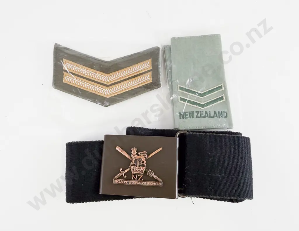 NZ Army Current Web Belt with Ngati Tumantauenga Buckle & Corporal Rank Slides and Stripesall unused Image 1++