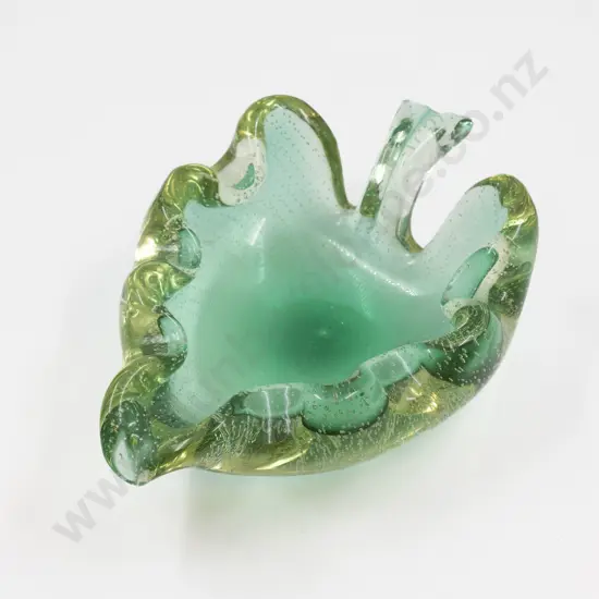 Mid C20th Murano Tinted Green Fine Bubble Glass Heavy Leaf Shaped Dish