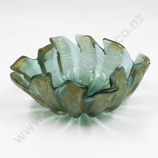 Mid C20th Murano Tinted Bottle Green & Gold Pie Crust Rimmed Dish