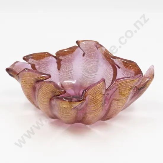 Mid C20th Murano Tinted Cranberrry & Gilt Pie Crust Rimmed Dish