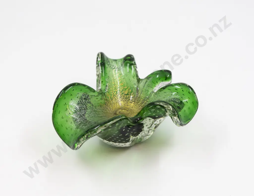 Mid C20th Murano Encased Bottle Green & Gold Bubble Glass Petal Dish Image 1++