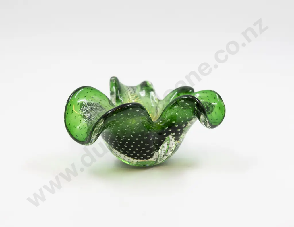Mid C20th Murano Encased Bottle Green & Gold Bubble Glass Petal Dish Image 1++