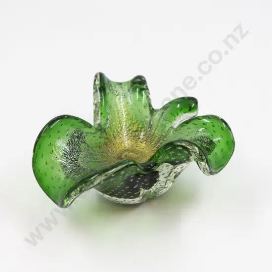 Mid C20th Murano Encased Bottle Green & Gold Bubble Glass Petal Dish