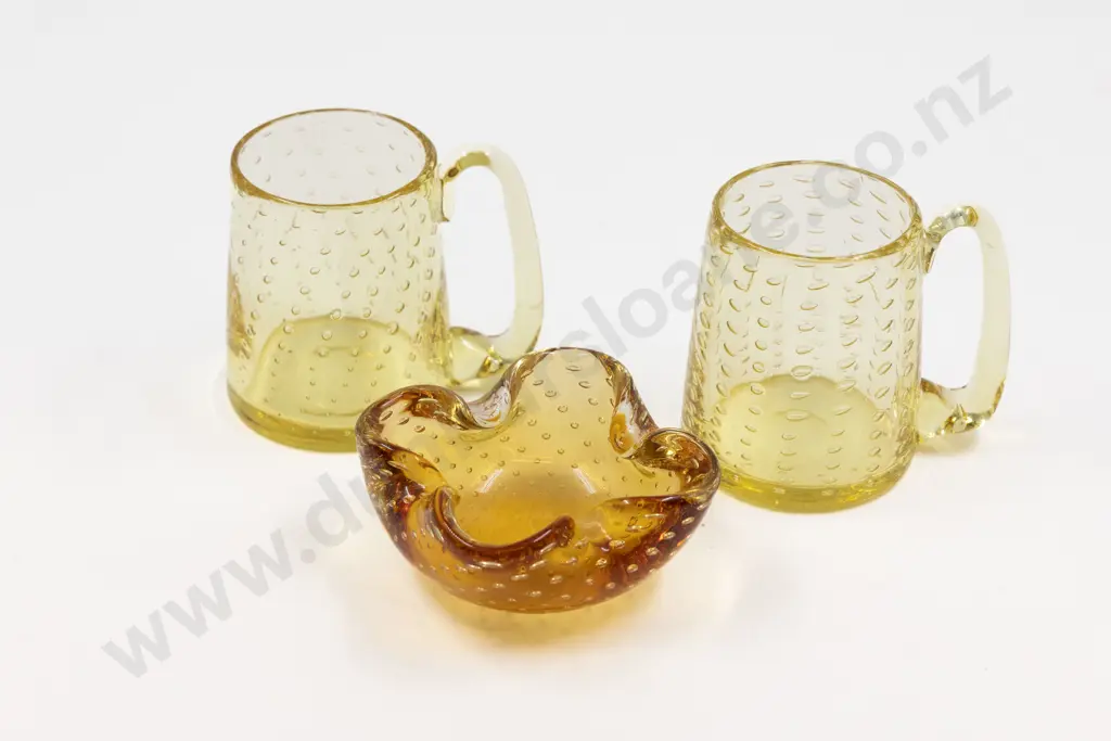 Pair Mid C20th Whitefriars Tinted Mustard Bubble Glass Mugs & Dish Image 1++