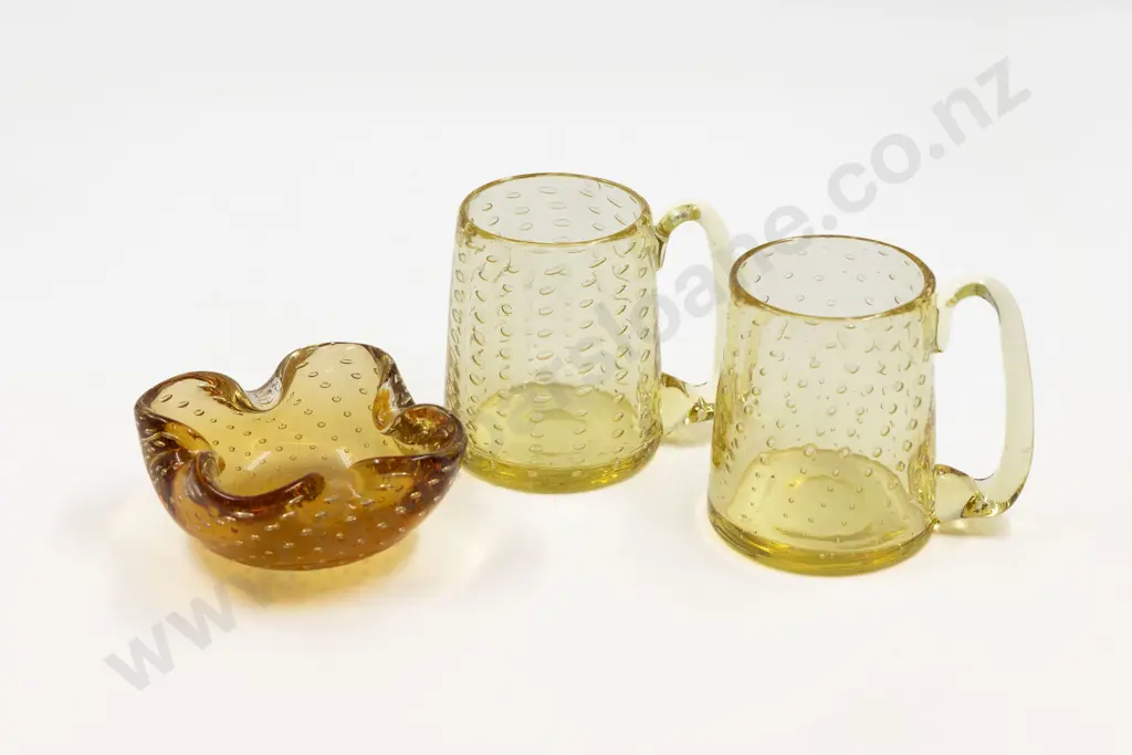 Pair Mid C20th Whitefriars Tinted Mustard Bubble Glass Mugs & Dish Image 1++