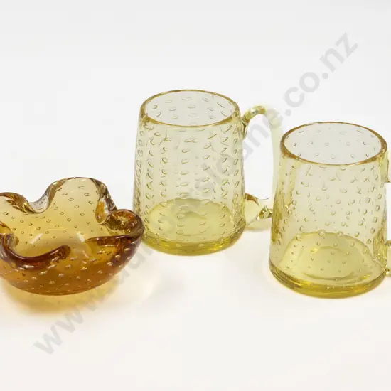 Pair Mid C20th Whitefriars Tinted Mustard Bubble Glass Mugs & Dish