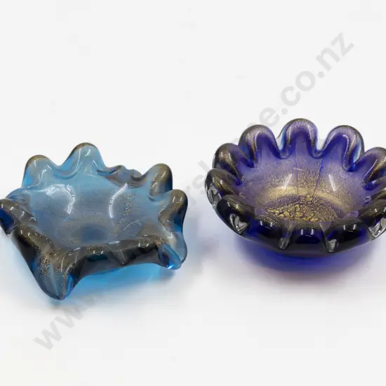 Two Mid C20th Murano Blue & Gold Frilled Rim Dishes