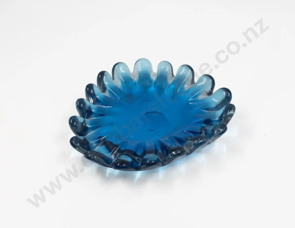 Mid C20th Murano Heavy Encased Deep Teal Lobed Flattened Dish Image 1++