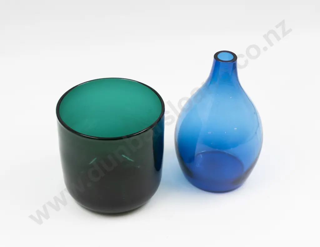 Signed Holmgaard Bristol Green Ice Bucket With Other Blue Bottle Vase Image 1++