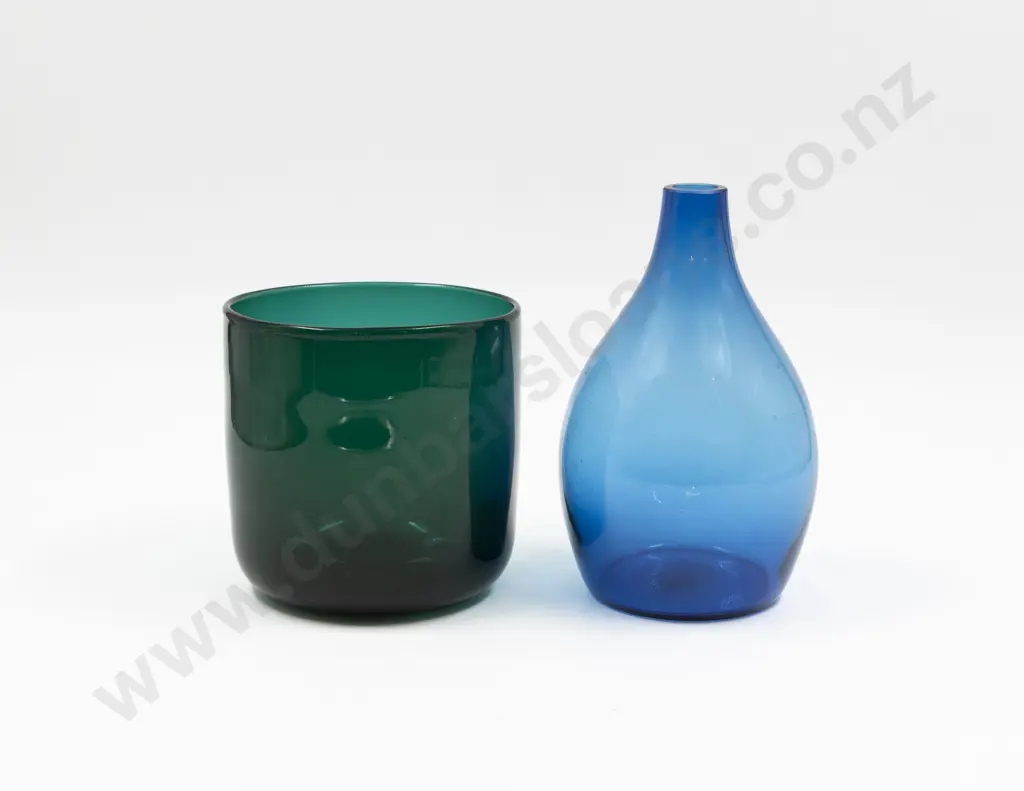 Signed Holmgaard Bristol Green Ice Bucket With Other Blue Bottle Vase Image 1++