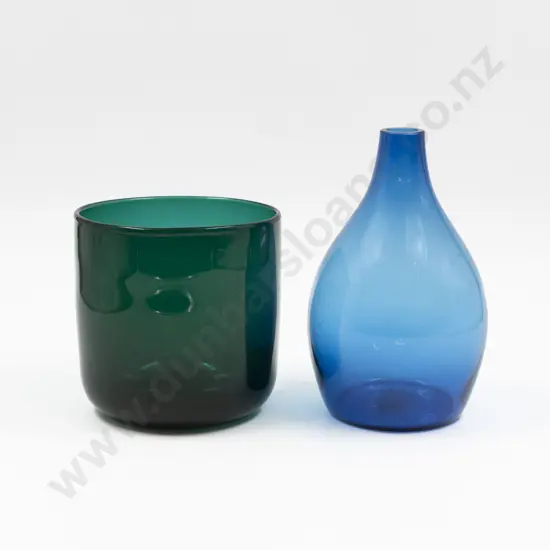 Signed Holmgaard Bristol Green Ice Bucket With Other Blue Bottle Vase