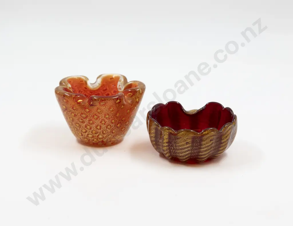 Two Mid C20th Murano Red & Gold Frill Rimmed Dishes Image 1++