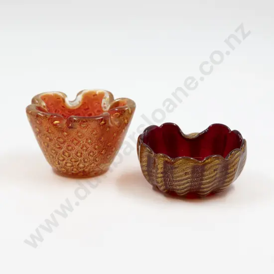 Two Mid C20th Murano Red & Gold Frill Rimmed Dishes