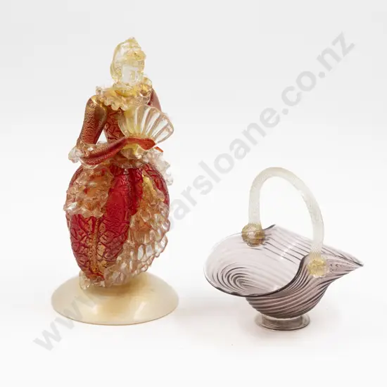 Mid C20th Murano Ruby & Gold Venetian Carnival Figure with Bonbon Basket