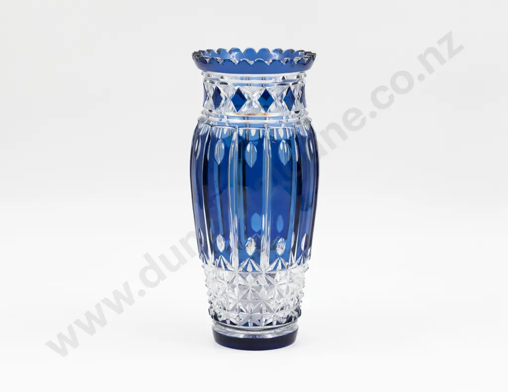 Bohemian Cobalt Blue Flash Cut Crystal Stem Vase Image 1++