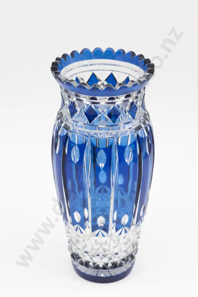 Bohemian Cobalt Blue Flash Cut Crystal Stem Vase Image 1++