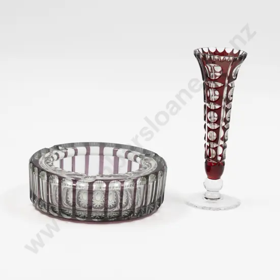 Bohemian Amethyst Flash Cut Ashtray With Posy Vase (a/f)