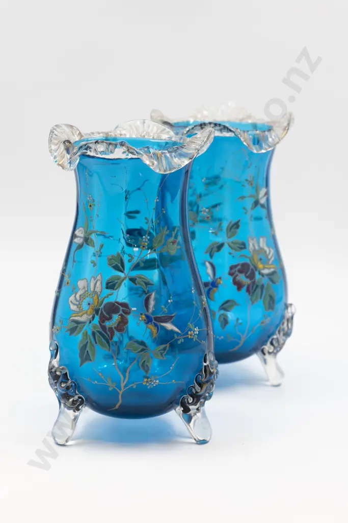Pair Early C20th French Hand Painted Azure Blue Mantel Vases Image 1++