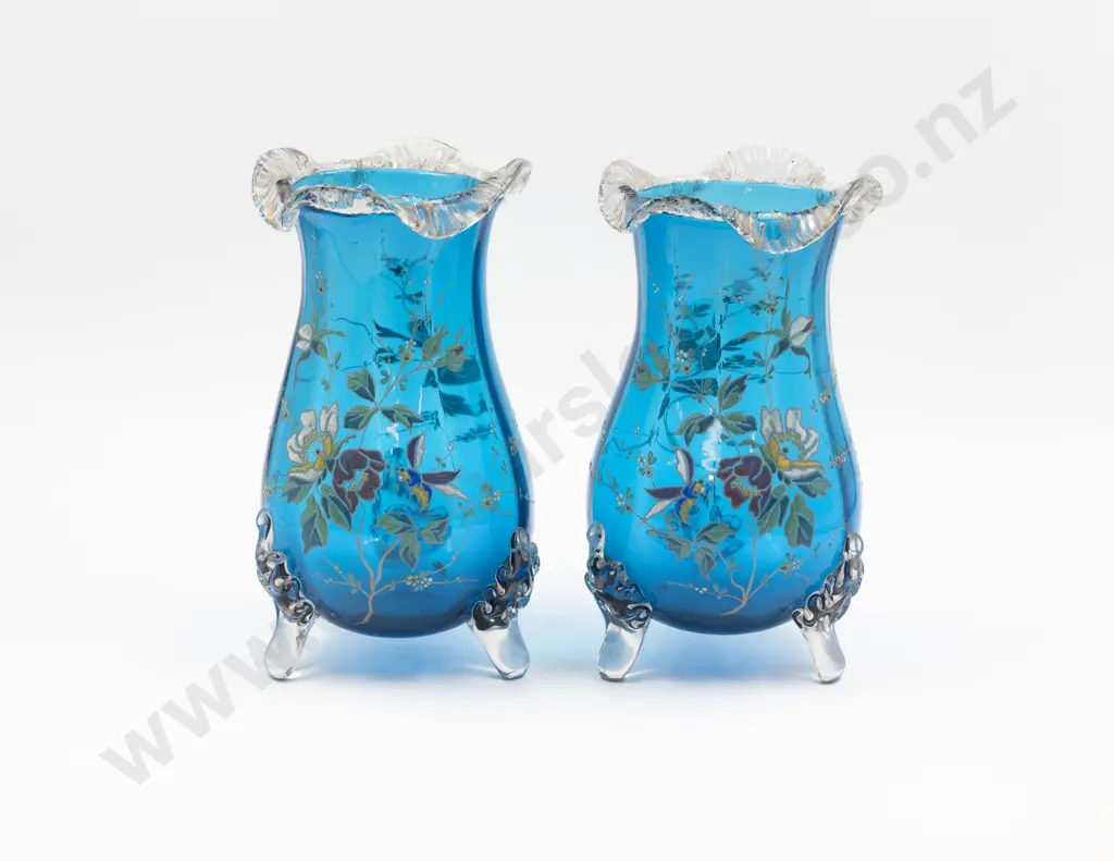 Pair Early C20th French Hand Painted Azure Blue Mantel Vases Image 1++