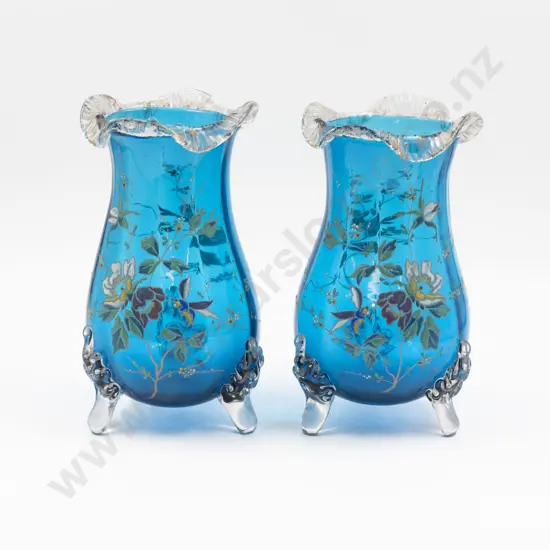Pair Early C20th French Hand Painted Azure Blue Mantel Vases