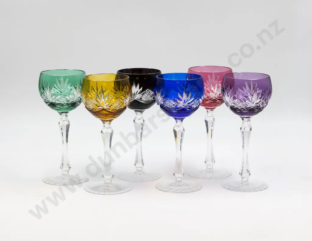 Set of Six Bohemian Mixed Coloured Bowl Flash Cut Hock Glasses Image 1++