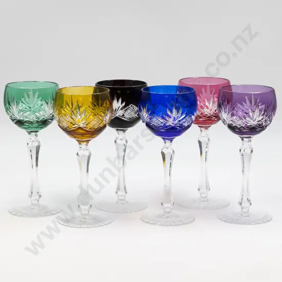 Set of Six Bohemian Mixed Coloured Bowl Flash Cut Hock Glasses