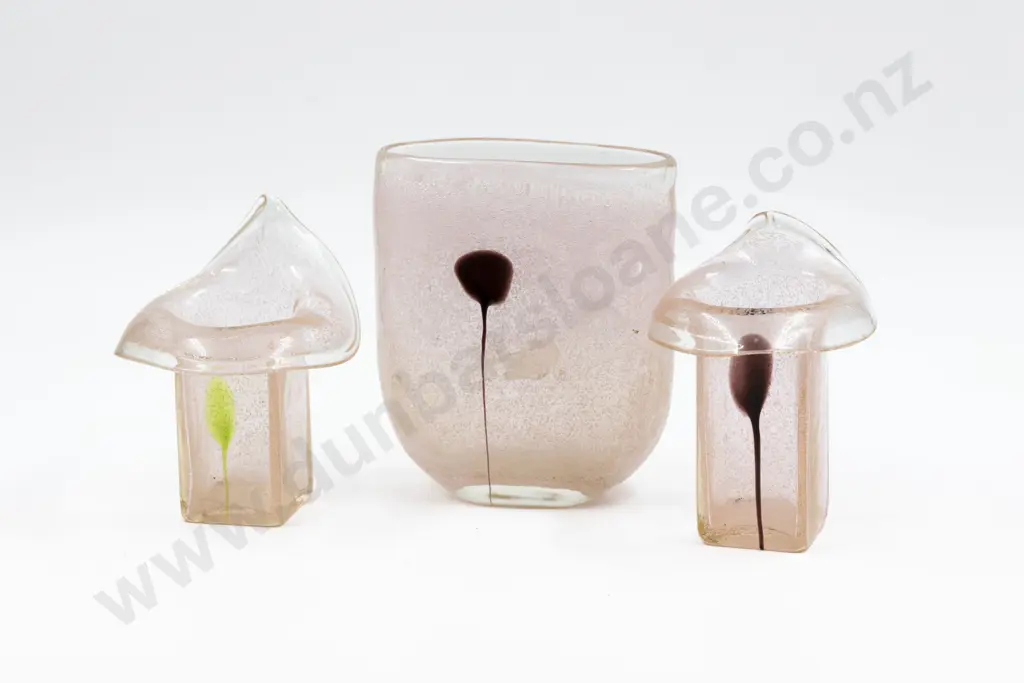 Italian Trio of Vases Fine Bubble Pink Tinted Glass Image 1++