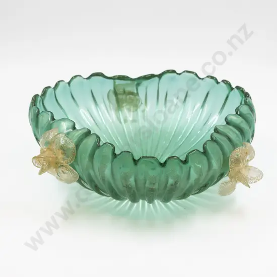 Mid C20th Venetian Green & Gold Fluted Glass Table Bowl (a/f)