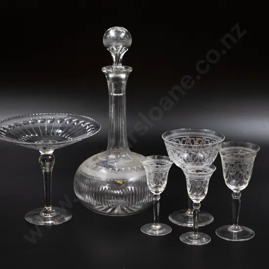 Edwardian Wine Decanter With Crystal Tazza & Four Goblets