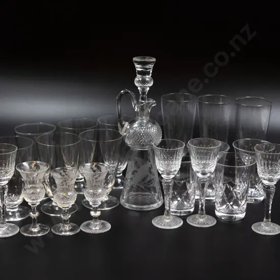 Thistle Shaped Toddy Decanter With Three Matching Goblets & 17 Other Wine Goblets