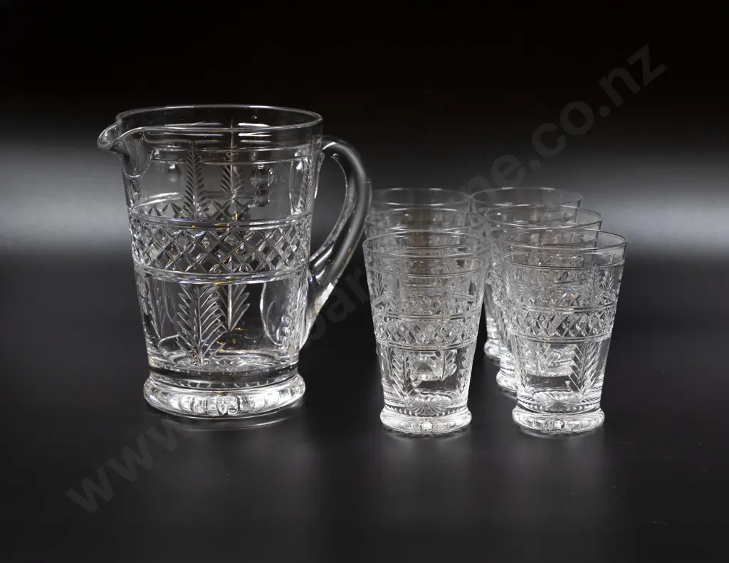 Crystal Mixed Cut Water Jug with Six Matching Tumblers Image 1++