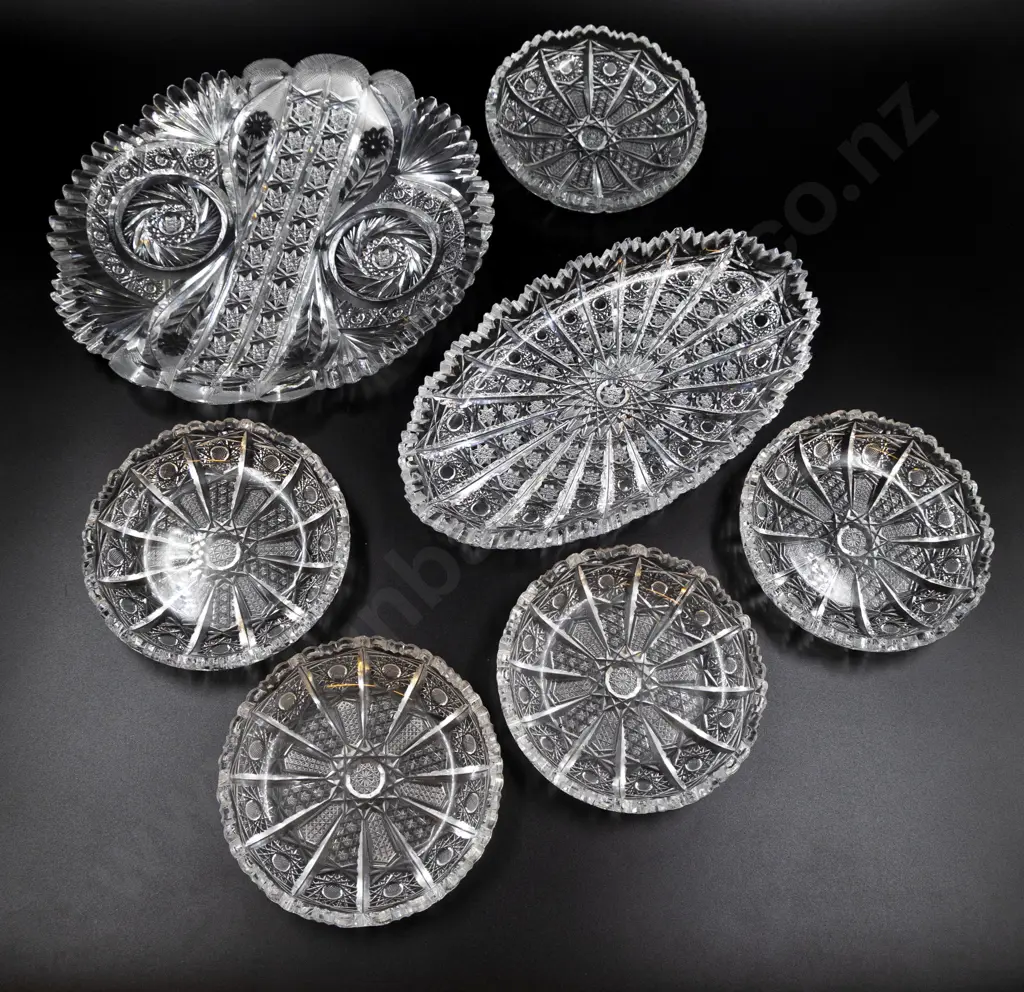 Seven Heavy Fine Mixed Cut Crystal Dessert Dishes Image 1++