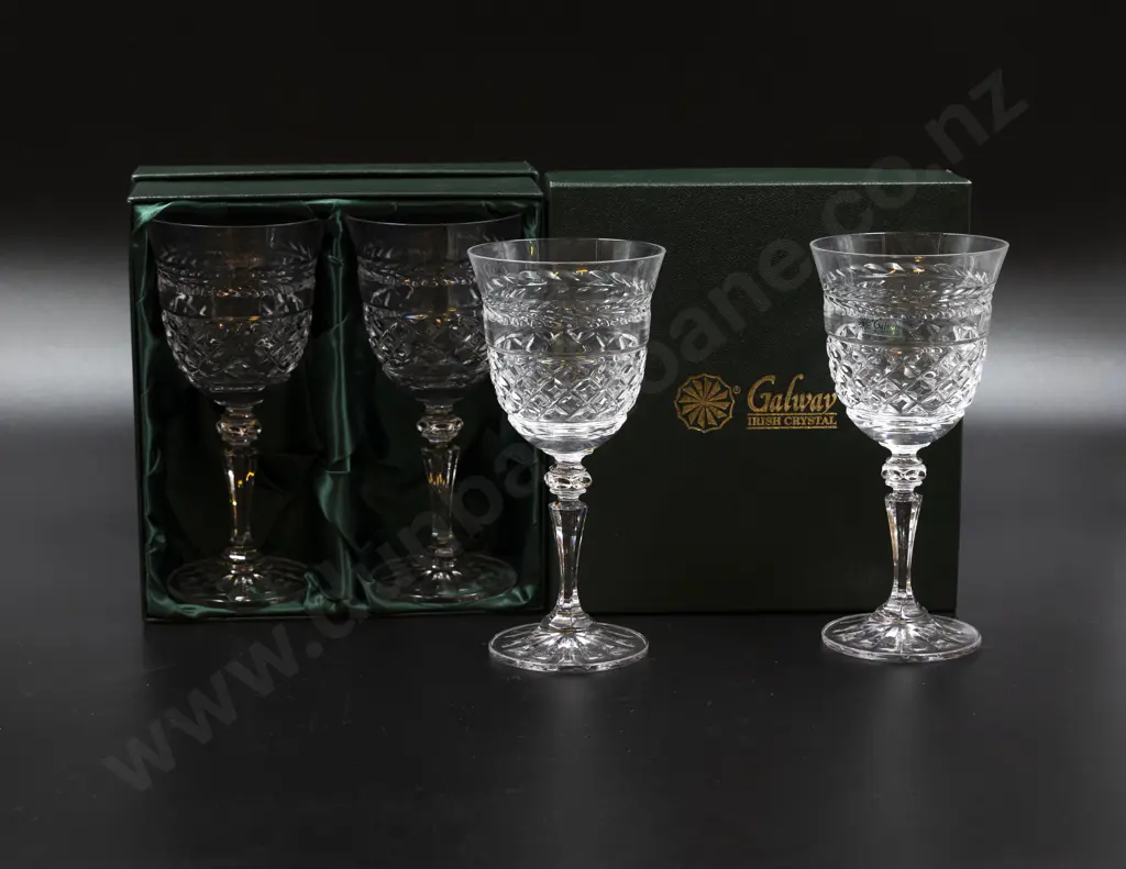 Boxed Two Pair Galway Irish Crystal Wine Goblets Image 1++