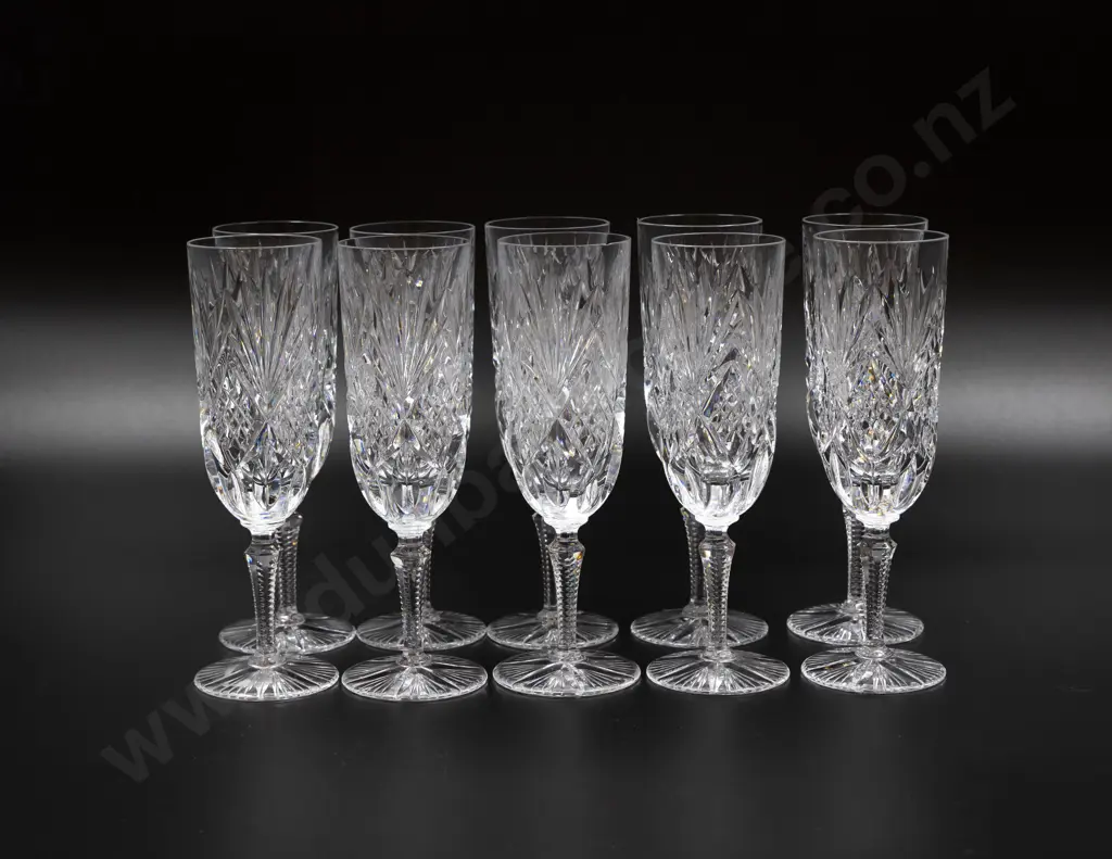 Set of Ten Mixed Cut Crystal Champagne Flutes Image 1++