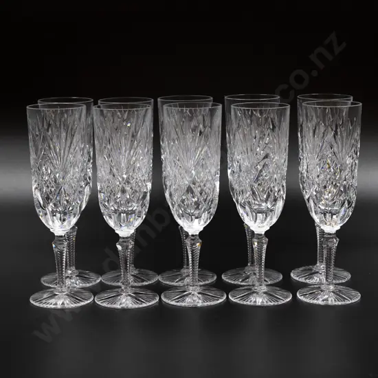 Set of Ten Mixed Cut Crystal Champagne Flutes