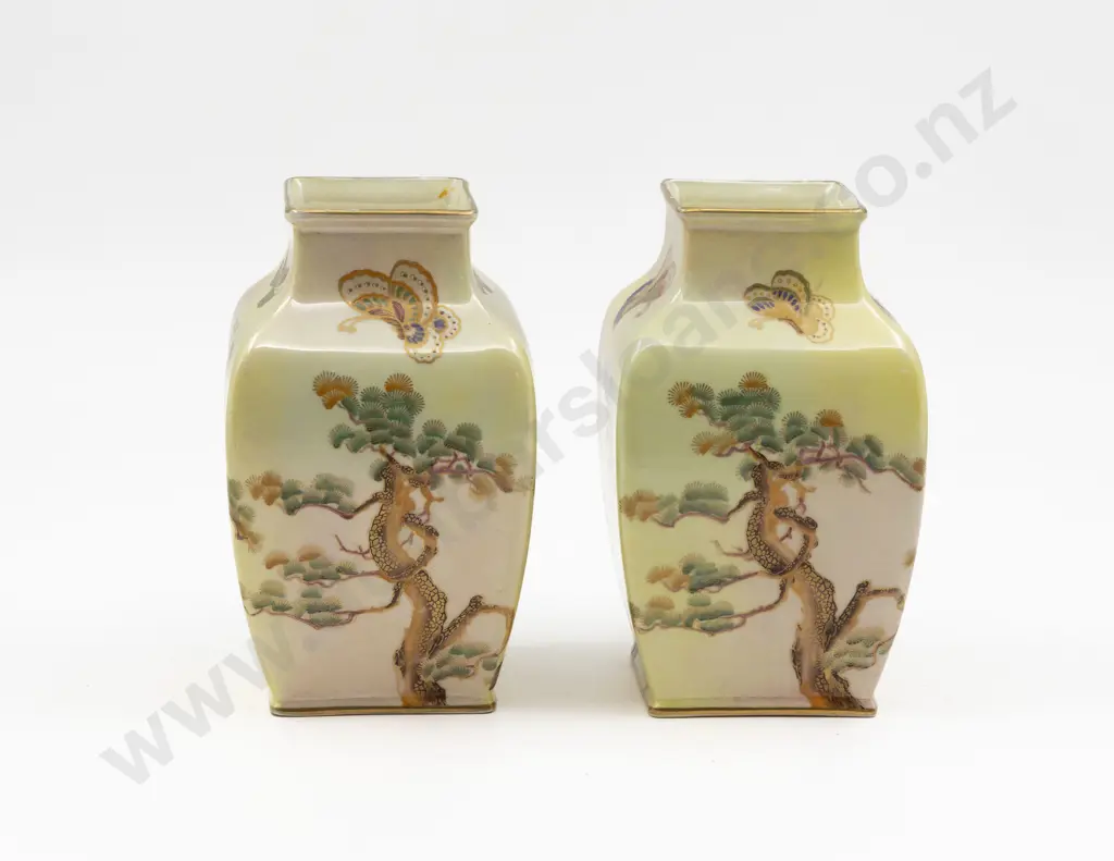 Pair Royal Doulton Hand painted Slab Sided Mantel Vases With Lustre Glaze Finish Image 1++