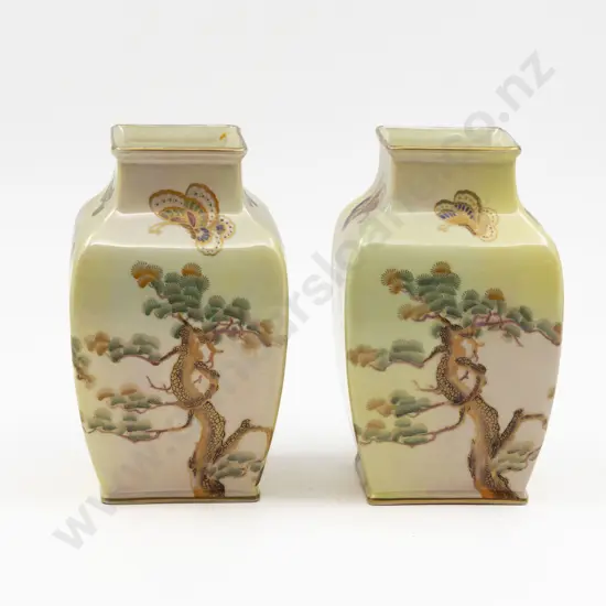 Pair Royal Doulton Hand painted Slab Sided Mantel Vases With Lustre Glaze Finish