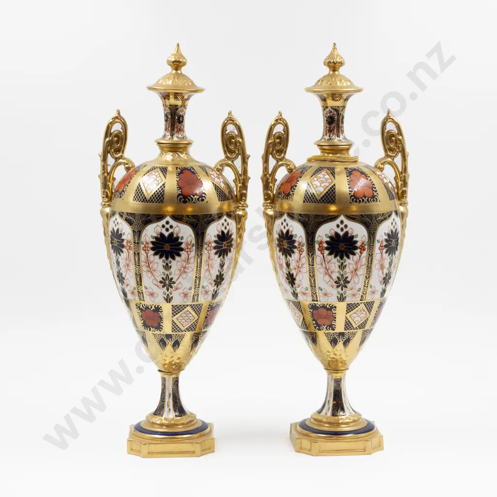 Pair Royal Crown Derby Imari Pattern Mantel Urns Image 1++