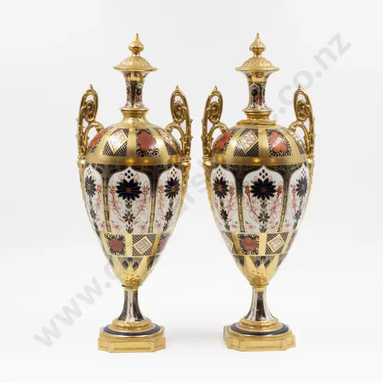 Pair Royal Crown Derby Imari Pattern Mantel Urns