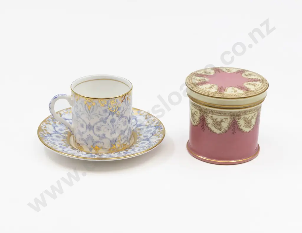 Antique Royal Worcester Vanity Pot & Coffee Can & Saucer Aracon Pattern Image 1++