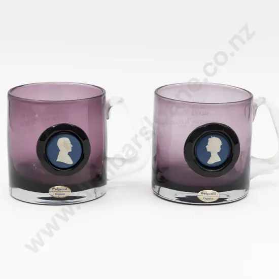 Two Wedgwood Commemorative Amethyst Glass Mugs With Jasper Cameo Portraits