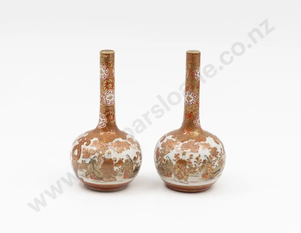 Pair Antique Japanese Kutani Bottle Specimen Vases Image 1++