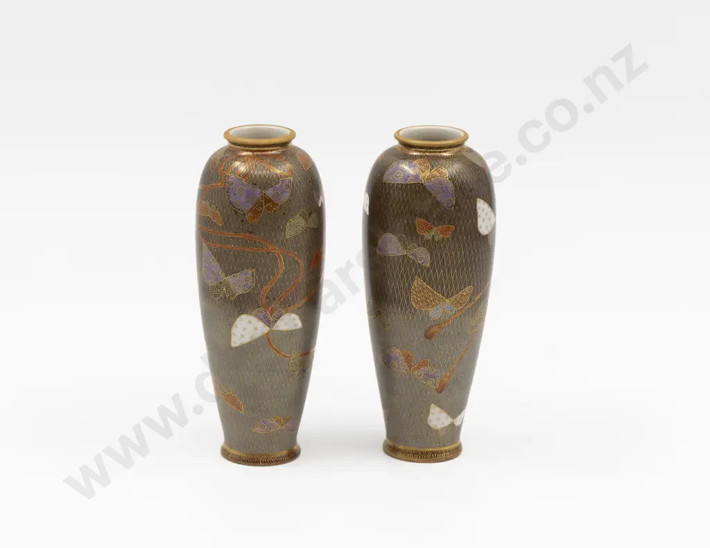 Pair Antique Satsuma Butterfly Decorated Stem Vases Image 1++