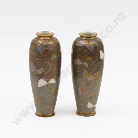 Pair Antique Satsuma Butterfly Decorated Stem Vases