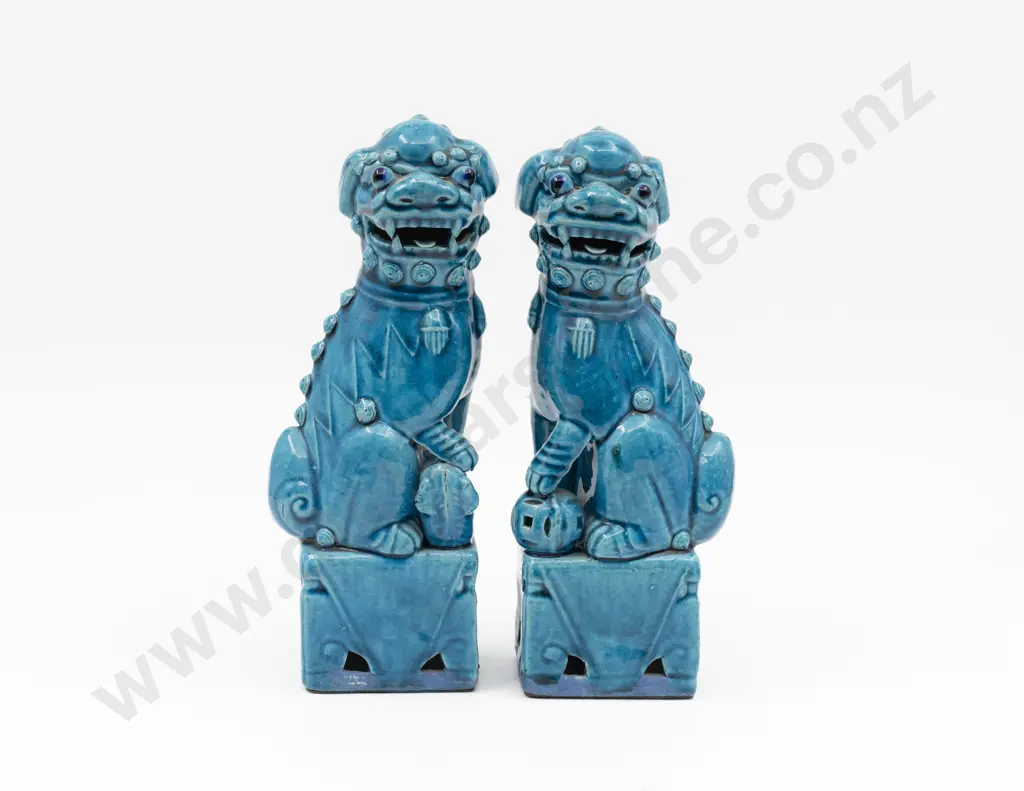 Pair Turquoise Glazed Foo Dogs & Green Crackle Glazed Ginger Jar Image 1++
