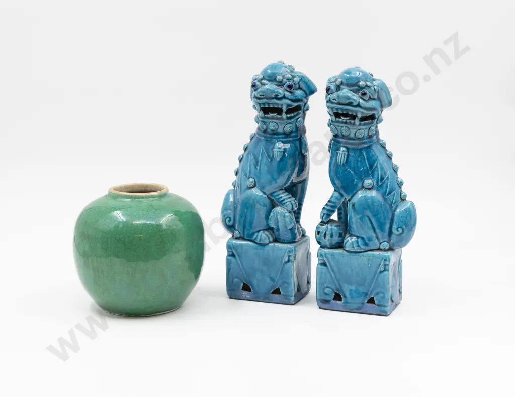 Pair Turquoise Glazed Foo Dogs & Green Crackle Glazed Ginger Jar Image 1++