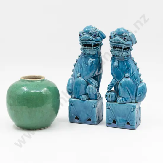Pair Turquoise Glazed Foo Dogs & Green Crackle Glazed Ginger Jar