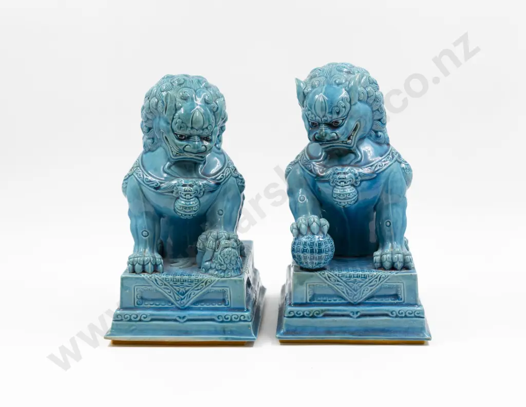 Pair Turquoise Glazed Temple Dogs Image 1++
