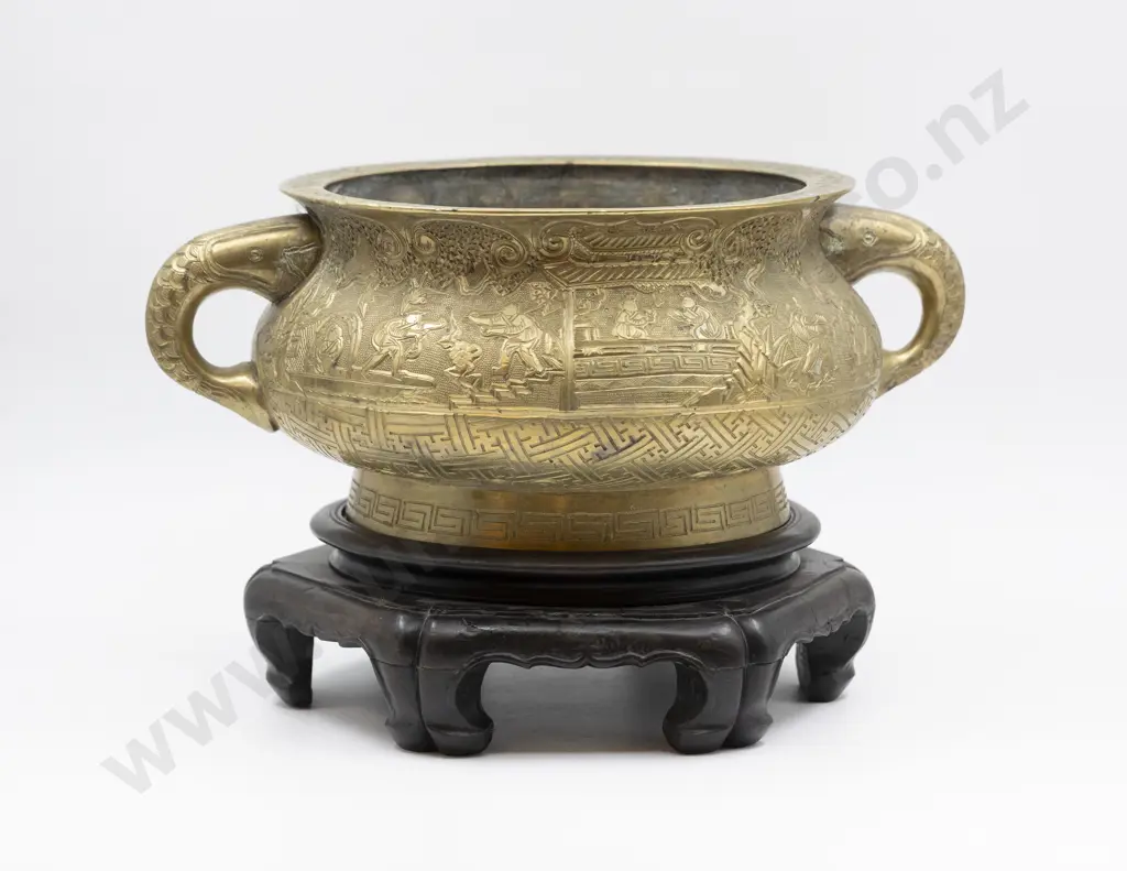 Heavy Cast Brass Chinese Temple Censor on Carved Stand Image 1++