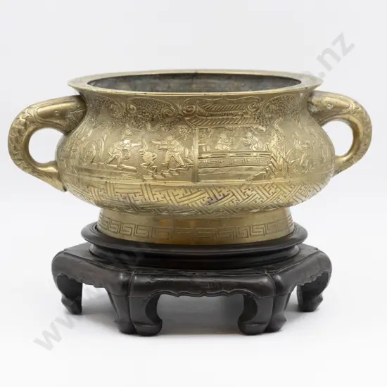 Heavy Cast Brass Chinese Temple Censor on Carved Stand